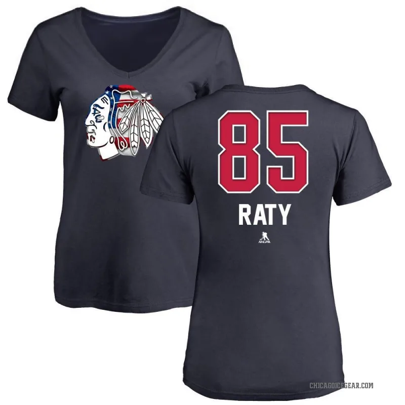 Aku Raty Women's Navy Chicago Blackhawks Name and Number Banner Wave V-Neck T-Shirt -