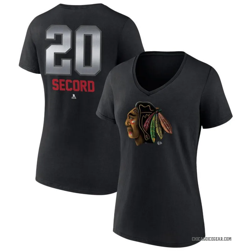 Al Secord Women's Black Chicago Blackhawks Midnight Mascot Logo V-Neck T-Shirt