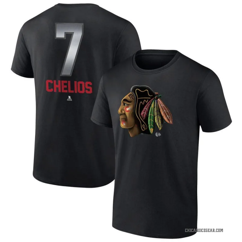 Chris Chelios Men's Black Chicago Blackhawks Midnight Mascot Logo T-Shirt