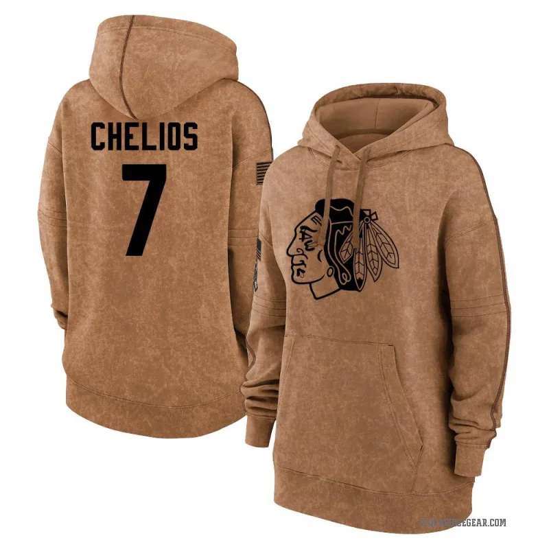 Chris Chelios Women's Brown Chicago Blackhawks 2023 Salute to Service Pullover Hoodie