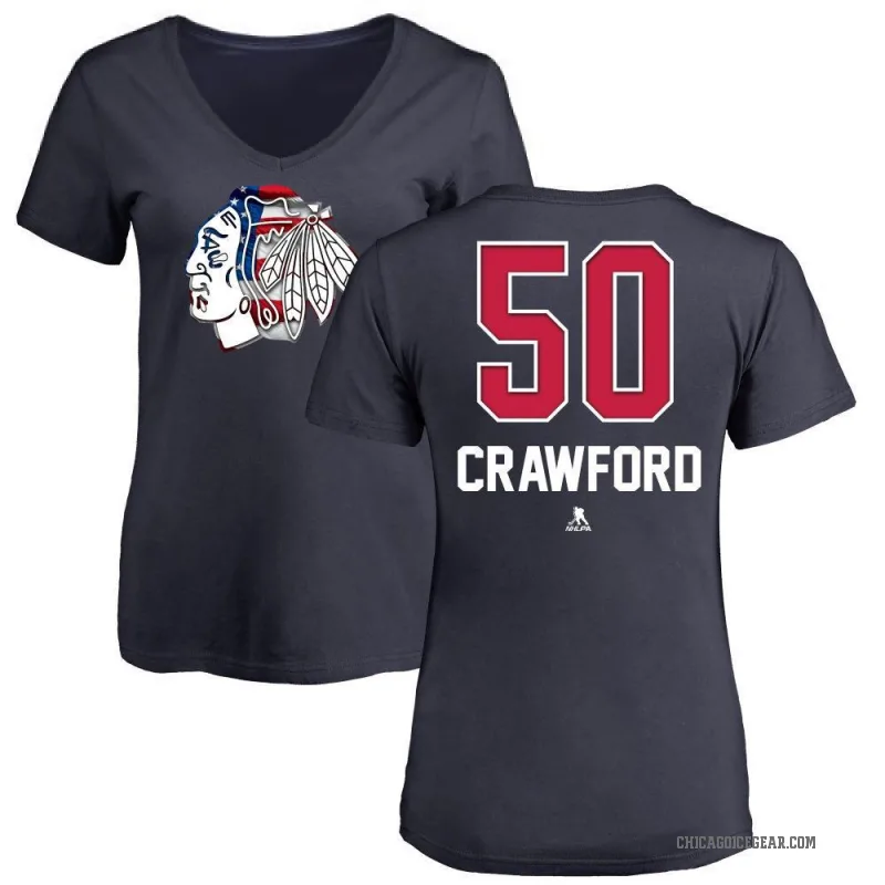 Corey Crawford Women's Navy Chicago Blackhawks Name and Number Banner Wave V-Neck T-Shirt -