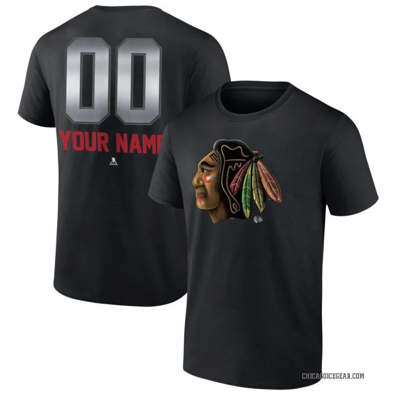 Custom Youth Black Chicago Blackhawks Midnight Mascot Logo T-Shirt