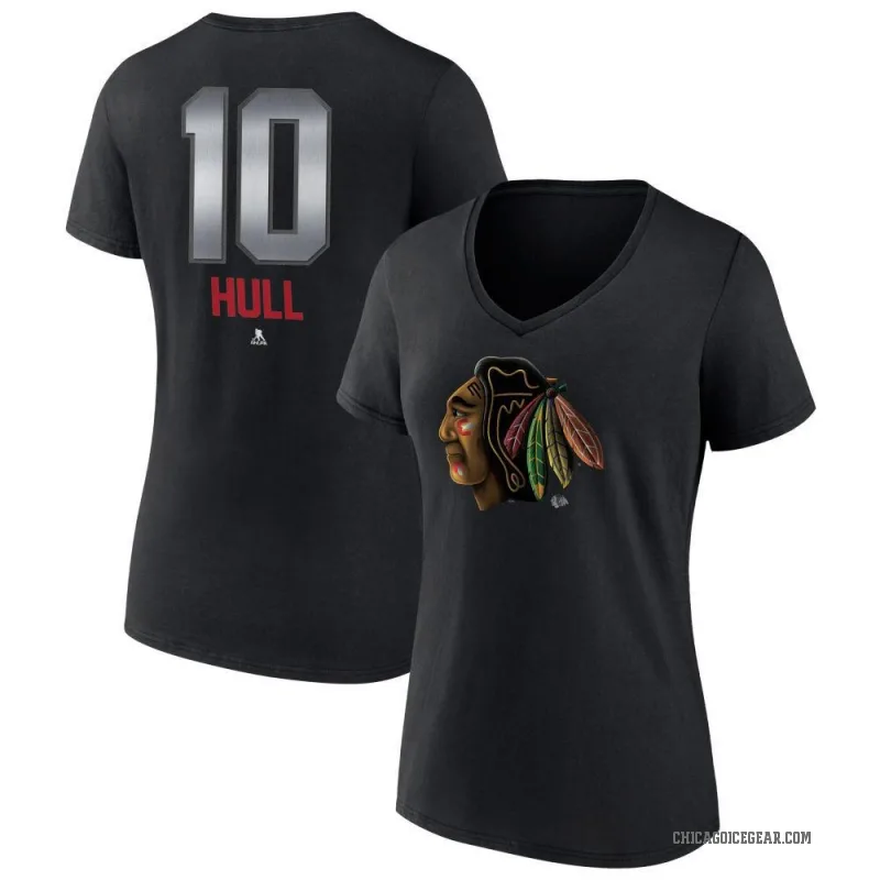 Dennis Hull Women's Black Chicago Blackhawks Midnight Mascot Logo V-Neck T-Shirt