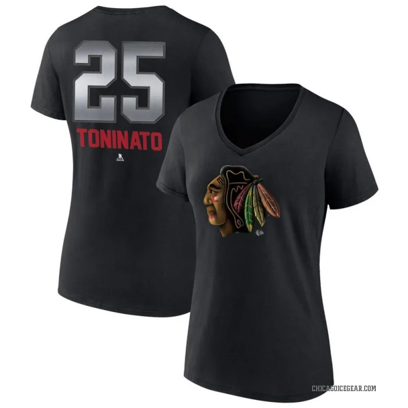 Dominic Toninato Women's Black Chicago Blackhawks Midnight Mascot Logo V-Neck T-Shirt