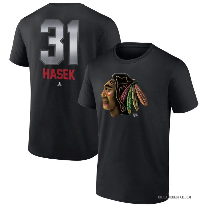 Dominik Hasek Men's Black Chicago Blackhawks Midnight Mascot Logo T-Shirt