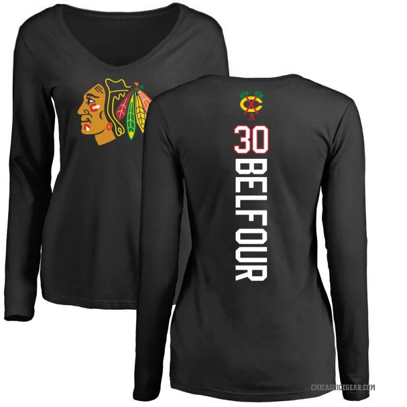 ED Belfour Women's Black Chicago Blackhawks Backer Long Sleeve T-Shirt -