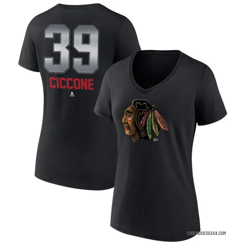 Enrico Ciccone Women's Black Chicago Blackhawks Midnight Mascot Logo V-Neck T-Shirt