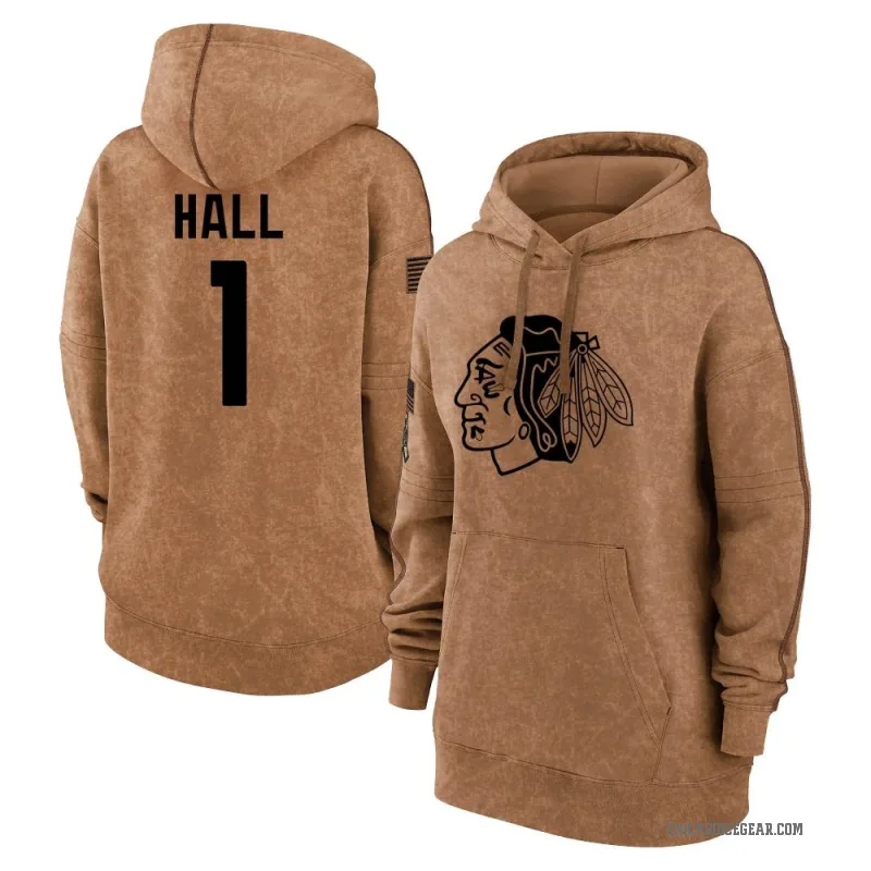 Glenn Hall Women's Brown Chicago Blackhawks 2023 Salute to Service Pullover Hoodie