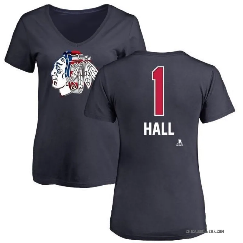 Glenn Hall Women's Navy Chicago Blackhawks Name and Number Banner Wave V-Neck T-Shirt -