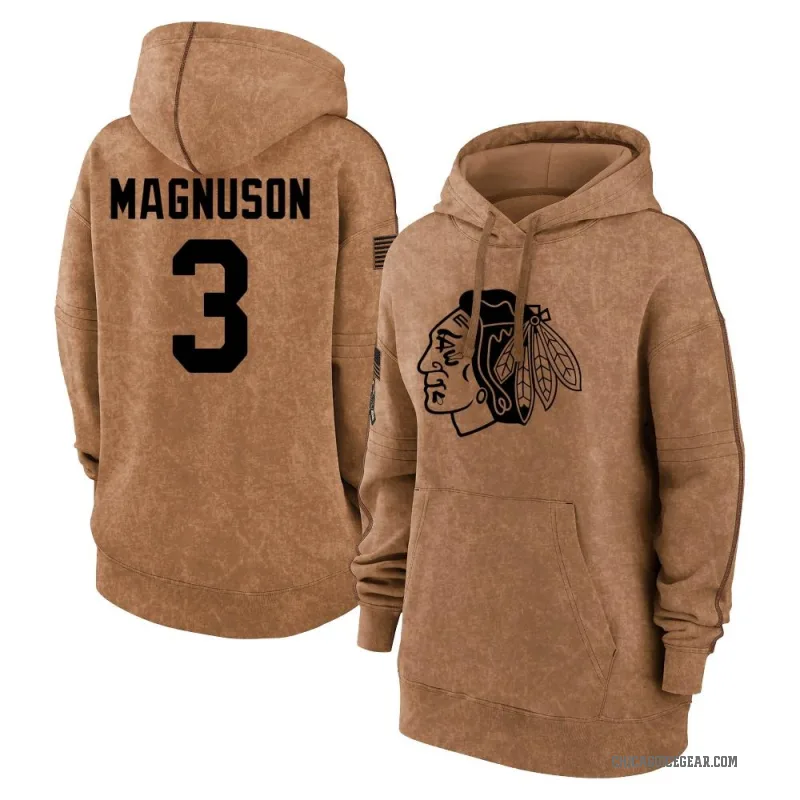 Keith Magnuson Women's Brown Chicago Blackhawks 2023 Salute to Service Pullover Hoodie