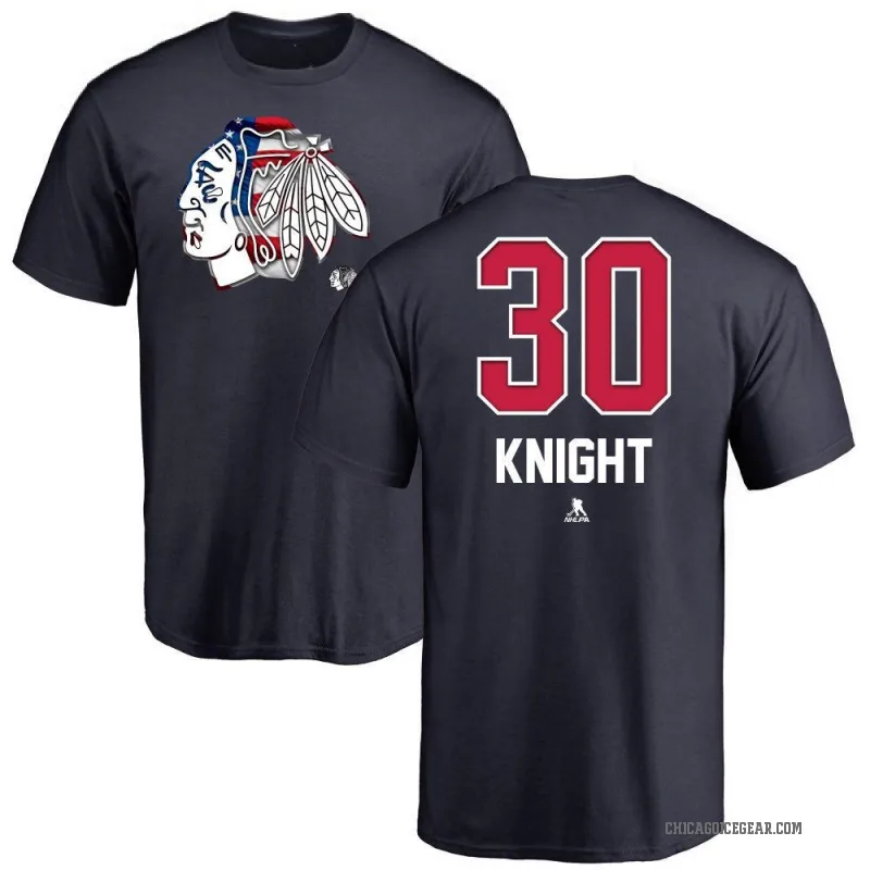 Spencer Knight Men's Navy Chicago Blackhawks Name and Number Banner Wave T-Shirt -
